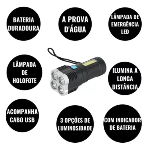 Lanterna Led Potente multi-funções 5 em 1-Ultra Brilhante Com Uso Externo De Longo Alcance-Recarregável Usb Portátil