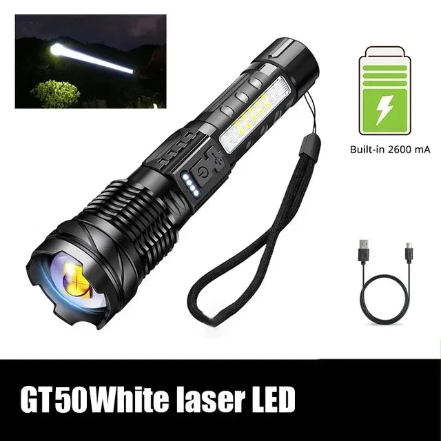 Powerful XHP50 LED Flashlight Waterproof 18650 Torch With Side Light 7 Modes Camping Fishing Lantern USB Rechargeable Zoom Lamp