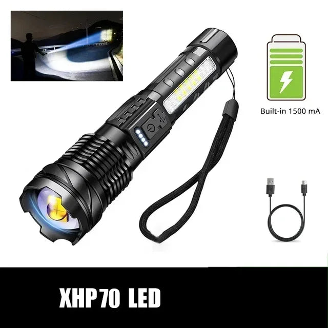 Powerful XHP50 LED Flashlight Waterproof 18650 Torch With Side Light 7 Modes Camping Fishing Lantern USB Rechargeable Zoom Lamp